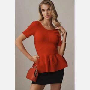 NWT Anthropologie Maeve Short Sleeve Peplum Sweater Knit Top Red Size S